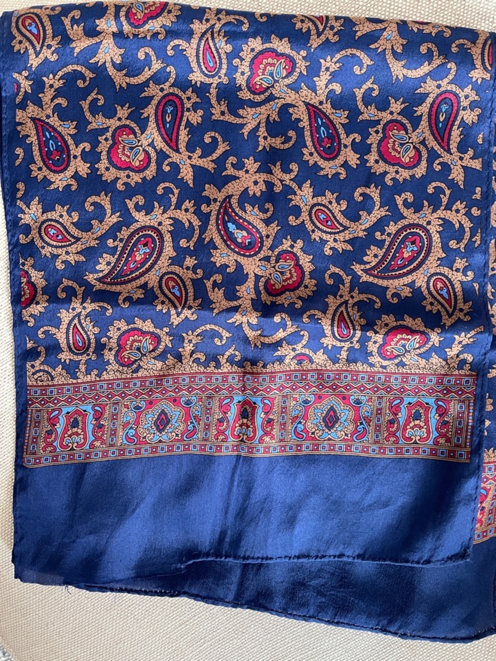 Navy Paisley Silk Scarf with Gold & Burgundy Accents